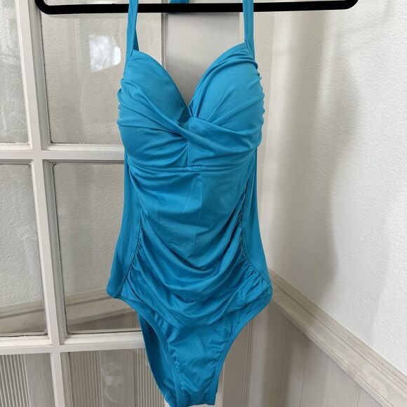Liz Claiborne One Piece Swimsuit Womens Size 10 Aqua Blue Halter Strap Ruched - Picture 1 of 11